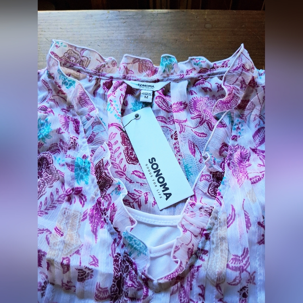 Sonoma Goods For Life Sheer Floral  Ruffle Boho Top/Cami Set - Picture 6 of 11